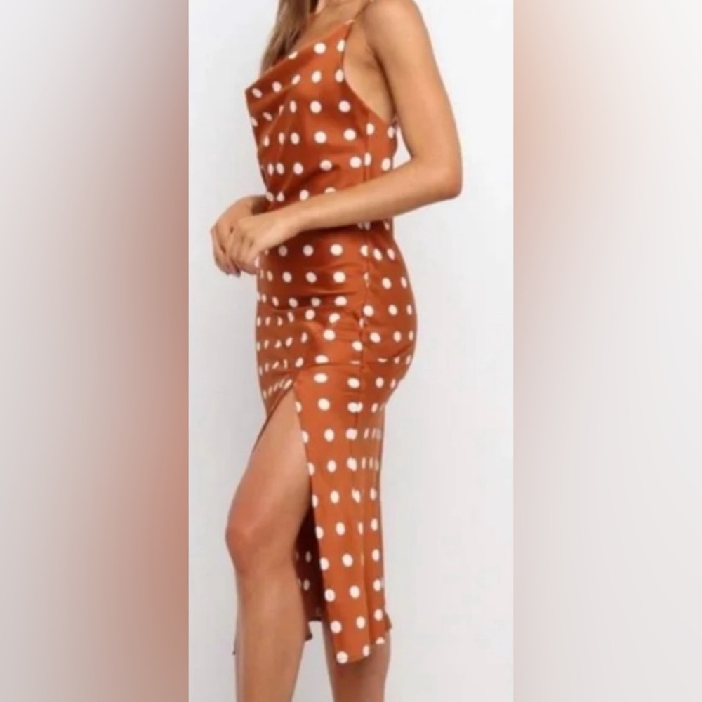 Pre-Owned, PAPET HEART Brown w/ White Polka Dot Print Midi Dress w/ Slit Size M